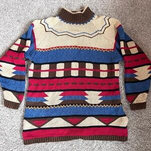 Vintage 90’s LizSport Mock Neck Southwestern Tribal Long Sweater. Bold. Western